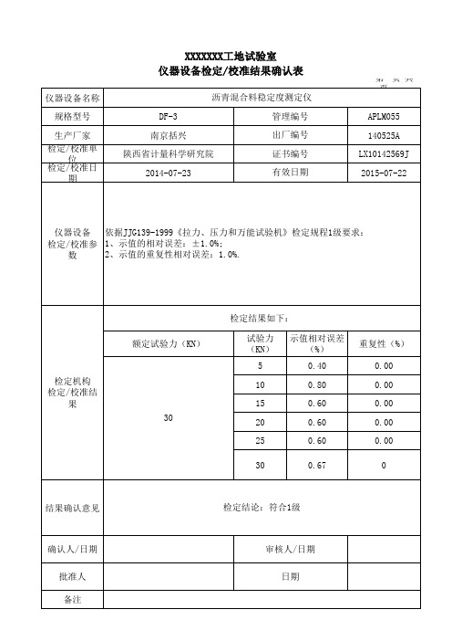 马歇尔稳定度测定仪-检定校准结果确认表