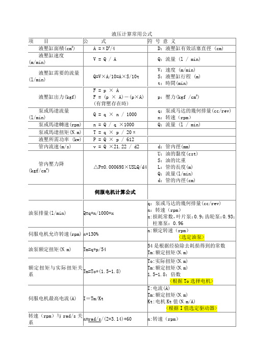 液压计算常用公式