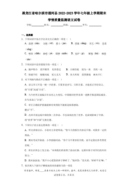 黑龙江省哈尔滨市通河县2022-2023学年七年级上学期期末学情质量监测语文试卷