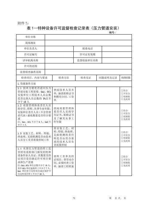 特种设备监督检查记录表(压力管道安装)