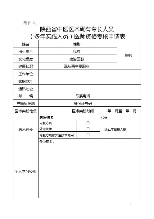 陕西省中医医术确有专长人员(多年实践人员)医师资格考核申请表