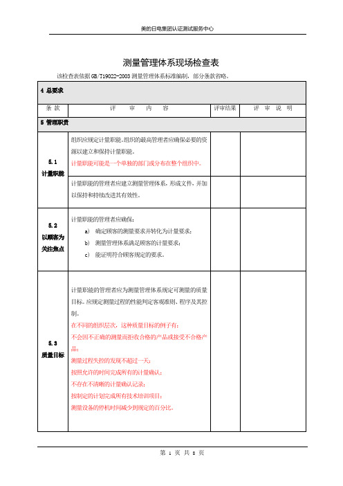 测量管理体系现场检查表现场检查表