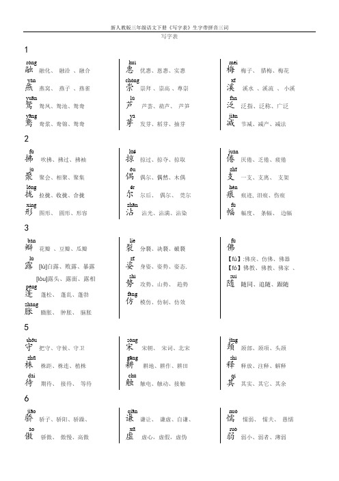 新人教版三年级语文下册《写字表》生字带拼音三词