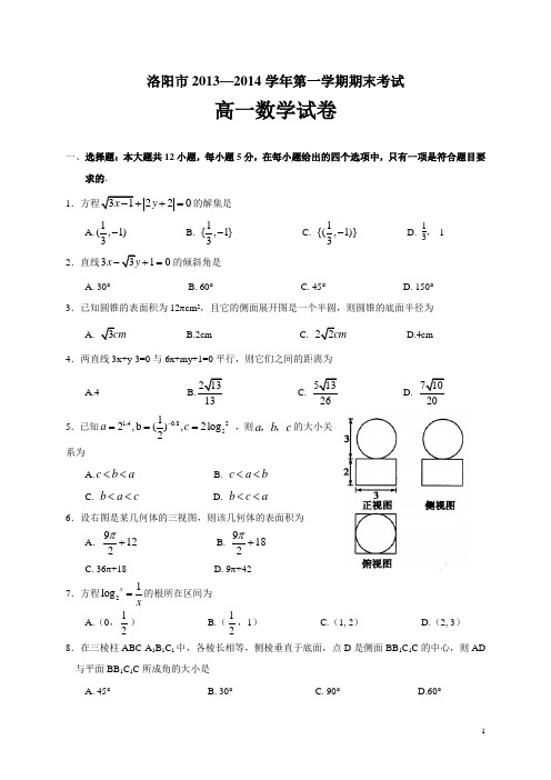 河南省洛阳市2013-2014学年上学期期末考试高一数学试题(含答案)(WORD版)