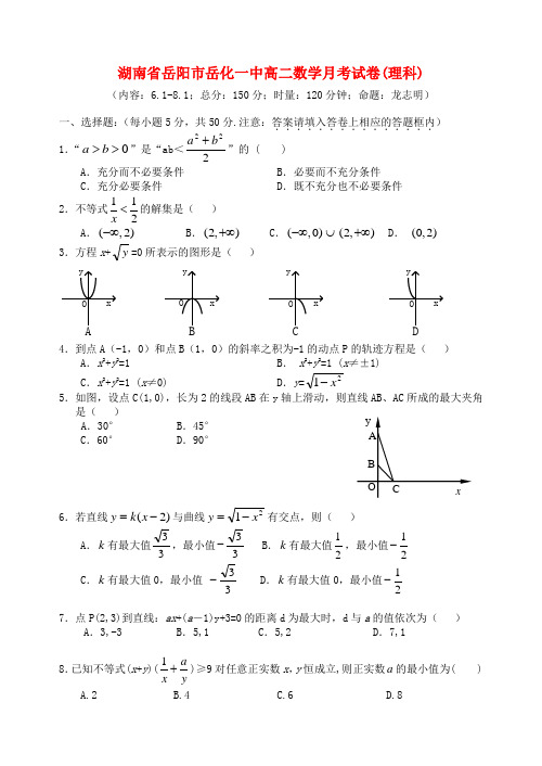 湖南省岳阳市岳化一中高二数学月考试卷(理科)