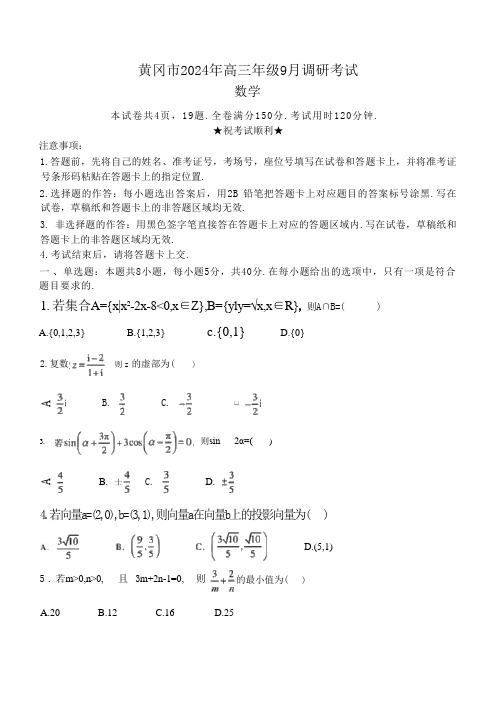 黄冈市2024-2025学年高三上学期9月调研考试 数学 含答案