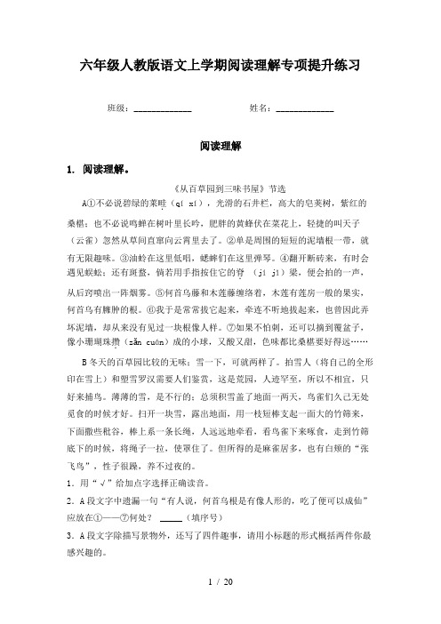 六年级人教版语文上学期阅读理解专项提升练习