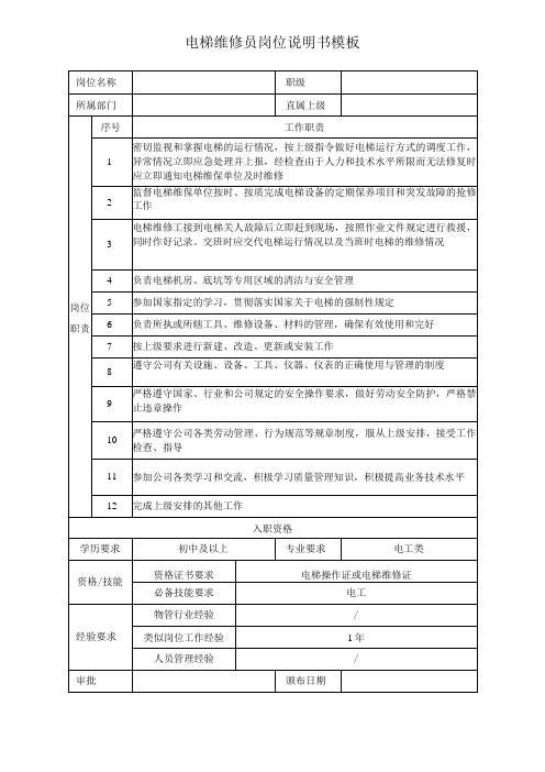 电梯维修员岗位说明书模板