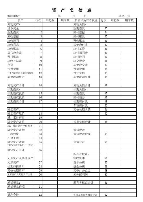 医疗器械公司空白资产负债表