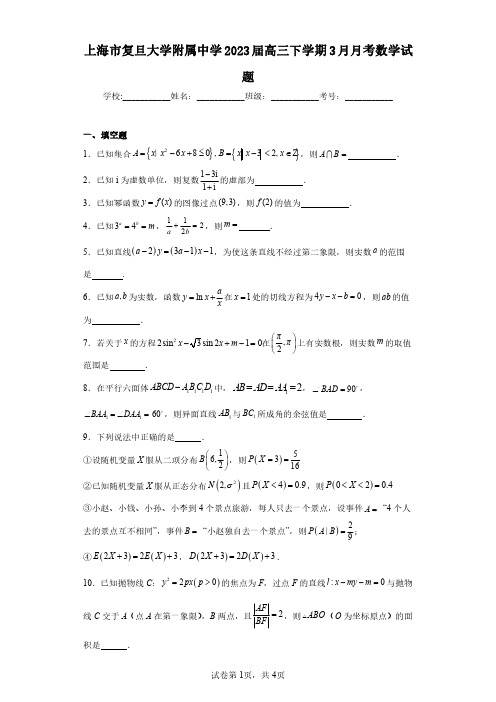 上海市复旦大学附属中学2023届高三下学期3月月考数学试题(含答案解析)