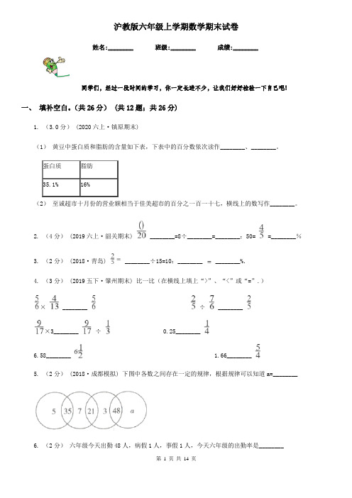 沪教版六年级上学期数学期末试卷新版