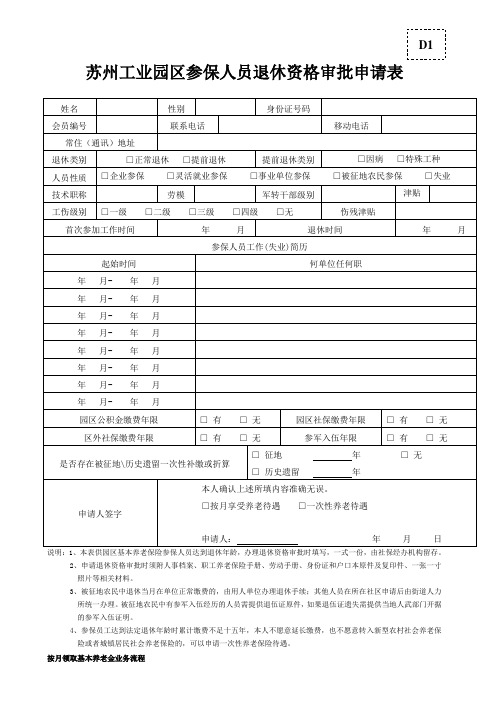 苏州工业园区参保人员退休资格审批申请表