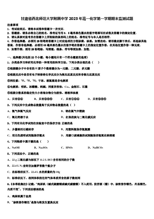 甘肃省西北师范大学附属中学2023年高一化学第一学期期末监测试题含解析