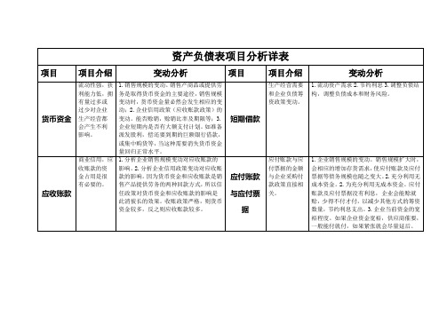 资产负债表项目分析详表