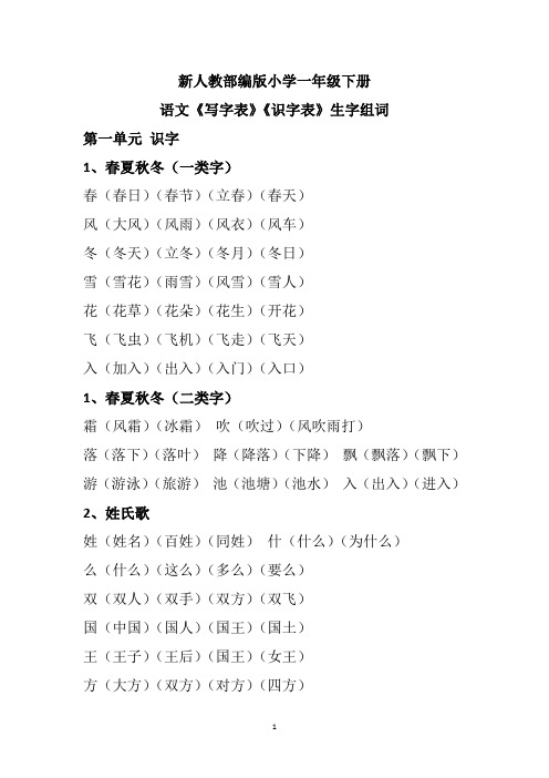 (完整版)2018新人教版一年级《写字表》《识字表》生字组词