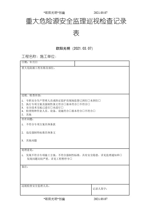 2021年重大危险源安全监理巡视检查记录表