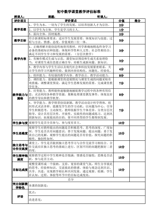 数学课堂达标评估标准