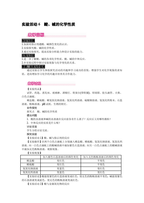 人教版九年级化学下 实验活动6  酸、碱的化学性质 精品教案