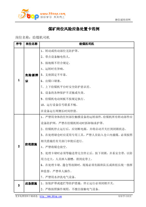 煤矿给煤机司机岗位安全应急处置卡