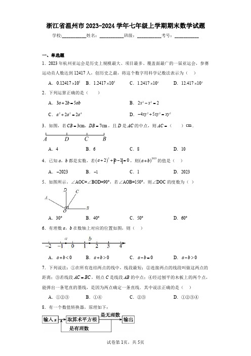 浙江省温州市2023-2024学年七年级上学期期末数学试题