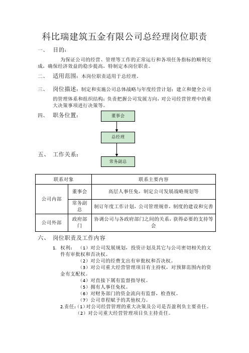 总经理岗位职责说明书