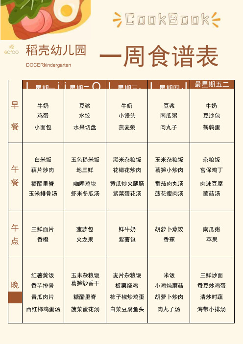 学校幼儿园食谱表一周食堂菜单