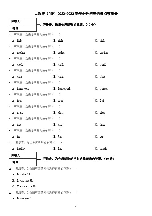 人教版(PEP)2023-2024学年小升初英语模拟预测卷(含答案)