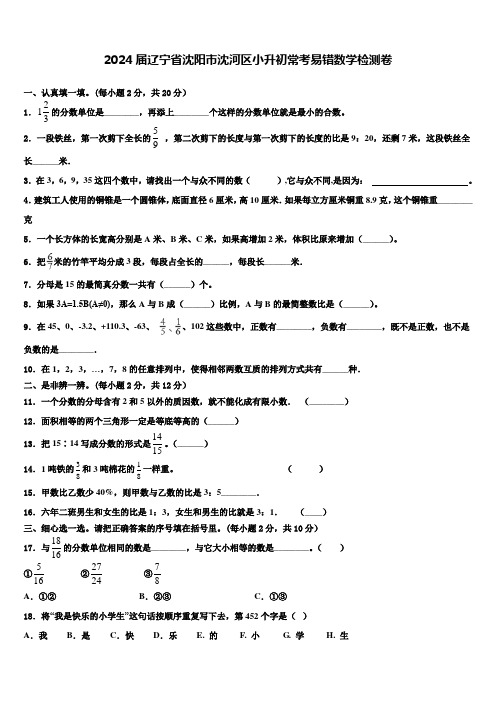 2024届辽宁省沈阳市沈河区小升初常考易错数学检测卷含解析