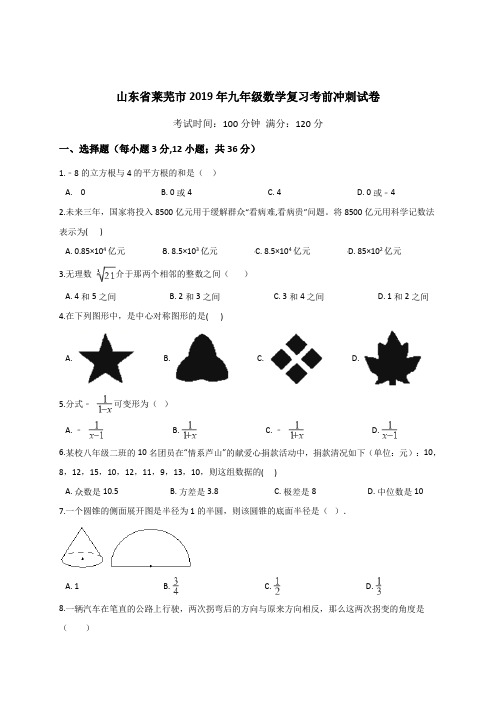 山东省莱芜市2019年九年级数学复习考前冲刺试卷(含答案)