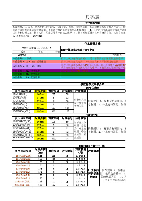 绫致最新尺码表11.10