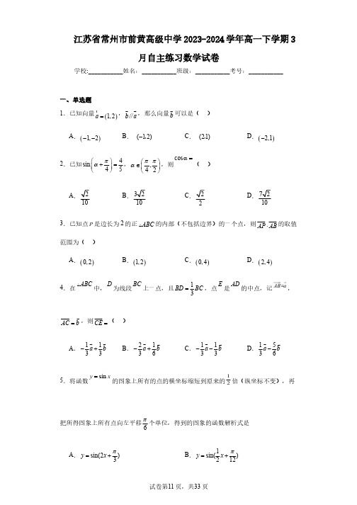 江苏省常州市前黄高级中学2023-2024学年高一下学期3月自主练习数学试卷