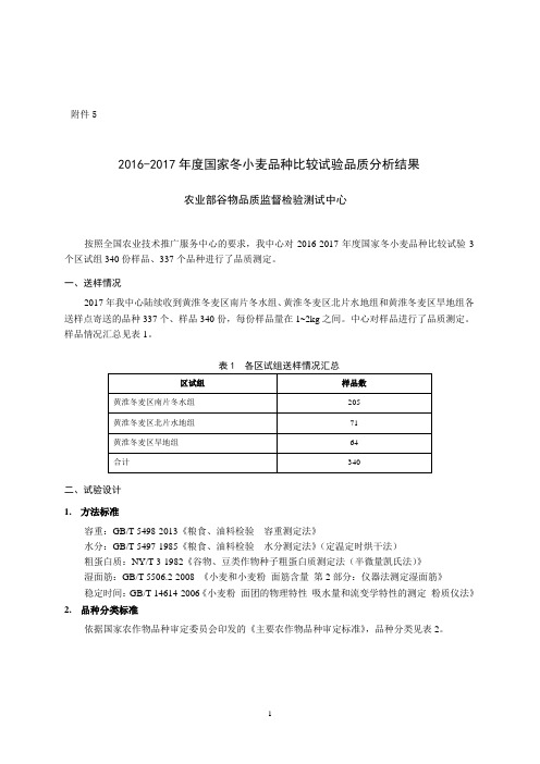 国家冬小麦品种比较试验品质分析结果及汇总表 