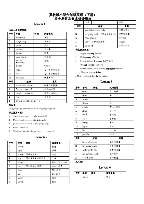 最新冀教版六年级下册英语重点词汇表