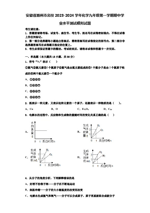 安徽省滁州市名校2023-2024学年化学九年级第一学期期中学业水平测试模拟试题含解析