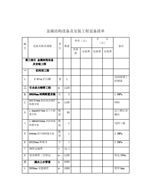 H金属结构设备及安装工程设备清单