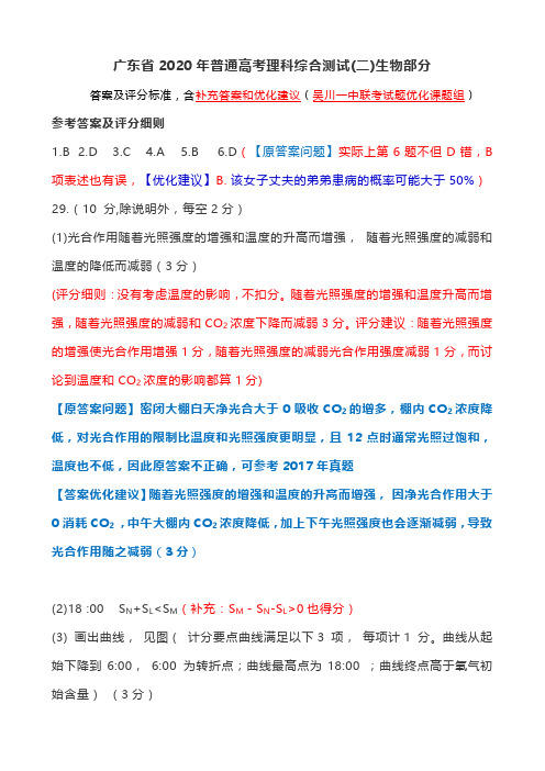 广东省2020年普通高考理科综合测试评分