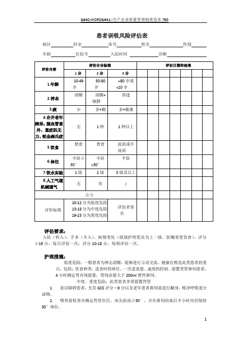 患者误吸风险评估表