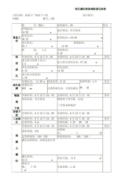 钻孔灌注桩旁站记录簿表