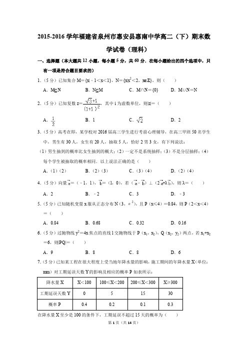 2015-2016学年福建省泉州市惠安县惠南中学高二(下)期末数学试卷(理科)(解析版)