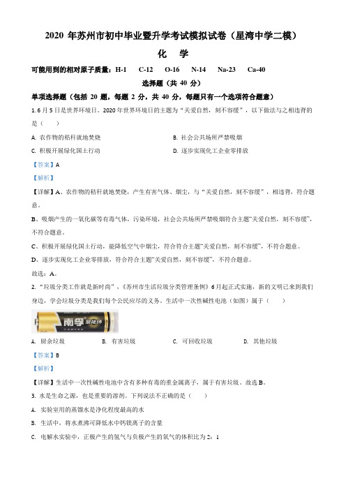 2020年江苏省苏州市工业园区星湾中学中考二模化学试题(含答案及解析)