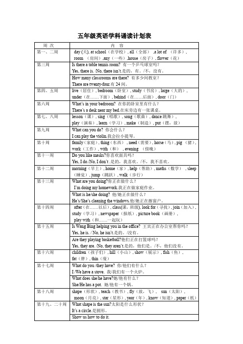 五年级英语学科诵读计划表