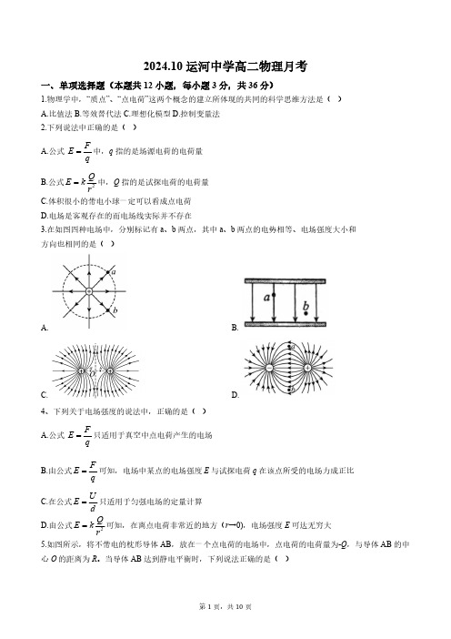 2024-2025学年北京市通州区运河中学高二(上)月考物理试卷(10月份)(含答案)