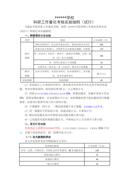 学校科研工作量化考核实施细则