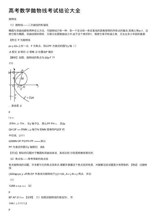 高考数学抛物线考试结论大全