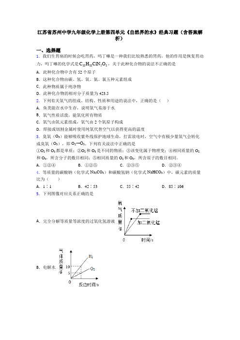 江苏省苏州中学九年级化学上册第四单元《自然界的水》经典习题(含答案解析)