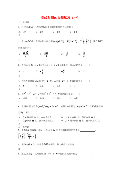 高中数学基本能力测试直线与圆的方程练习(一)