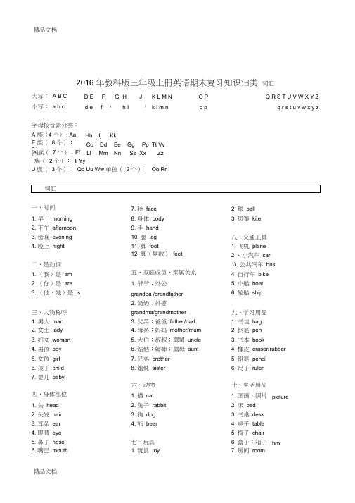 最新教科版三年级上册英语期末复习知识归类资料