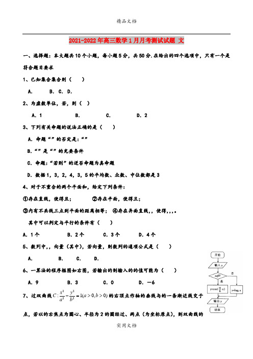 2021-2022年高三数学1月月考测试试题 文