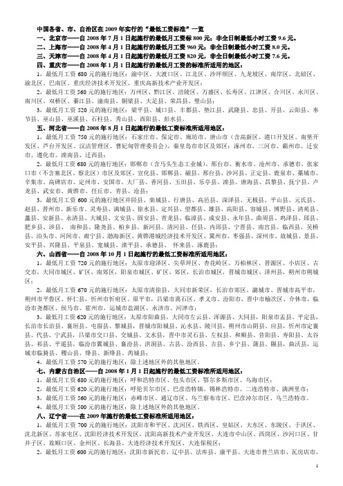 中国各省2008最低工资标准