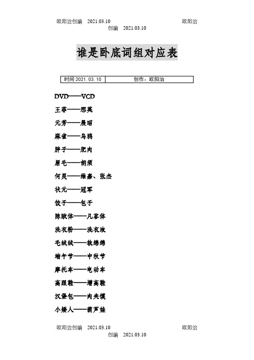 最新~谁是卧底词汇对应表之欧阳治创编